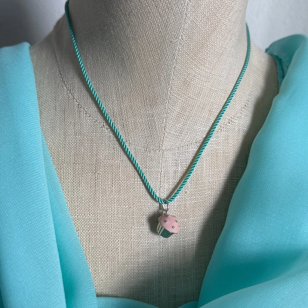 Tiffany & Co. Cupcake Charm Pendant Necklace on Tiffany Silk Cord 16-18”